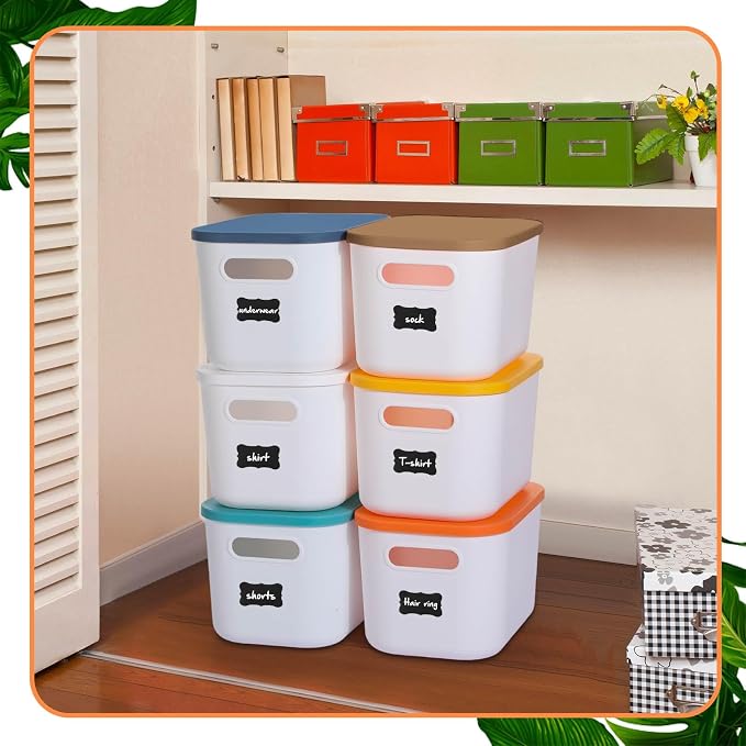 Thyle 12 Pack White Plastic Storage Bins with Lids, Back to School Stackable Storage Container with Handle Label for Organizing Toy Craft for Classroom Shelf Bedroom Office 10 x 7 x 6 Inch
