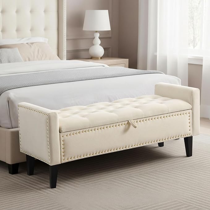 47in Velvet Storage Ottoman Bench with Arms, Upholstered Storage Bench with Wooden Legs, Storage Bench for Bedroom, Living Room, Beige