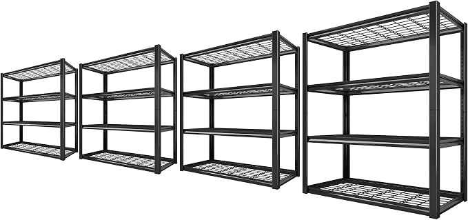 REIBII 40" W Storage Shelves with Wire Mesh Panels for Garage Organization | 560Lbs/tier, 40" W x 19.5" D x 59.5" H, Adjustable, 4-Tier, Double-Layer Frame, Rustproof Finish, for Basement Warehouse, 4Pc