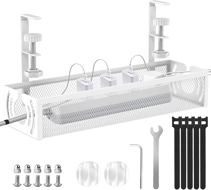 Cable Management, 15'' Under Desk Cable Management Tray No Drill | Metal Cable Organizer with Clamp for Wire Management, Cord Organizer for Home Office, Desk Accessories Organizer, White