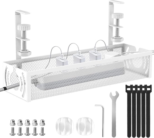 Cable Management, 15'' Under Desk Cable Management Tray No Drill | Metal Cable Organizer with Clamp for Wire Management, Cord Organizer for Home Office, Desk Accessories Organizer, White