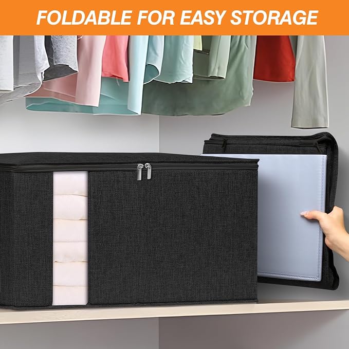punemi 60L Blanket Storage Bags with Side & Bottom Support, 2 Pack, Black | Clear Window & Reinforced Handles, for Clothes,Pillow,Bedding & Comforter, Bedroom & Closet Organization