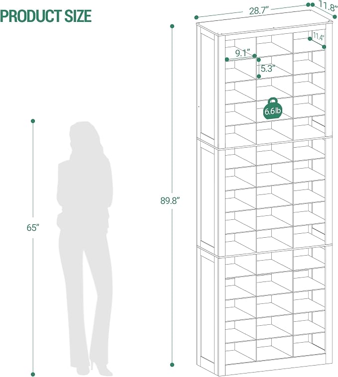 Hzuaneri Shoe Storage Cabinet, 45 Pairs Free Standing Closet Organizer, 9 inch Widened Cell Wood Shoe Organizer, 15 Tiers Vertical Space Saving Shoe Rack for Entryway, Cloakroom, White SR30703X