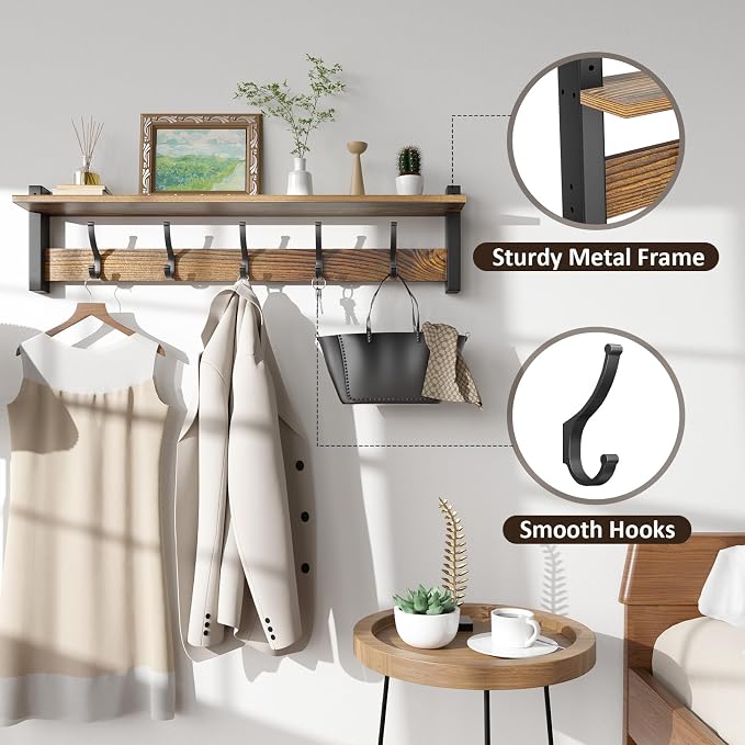 Optish Coat Rack Wall Mount with Shelf, 29 Inch Coat Hanger Walls Mounted, Hat Rack for Walls, Shelf with 5 Coat Hooks, Wall Hanger for Entryway (Brown)