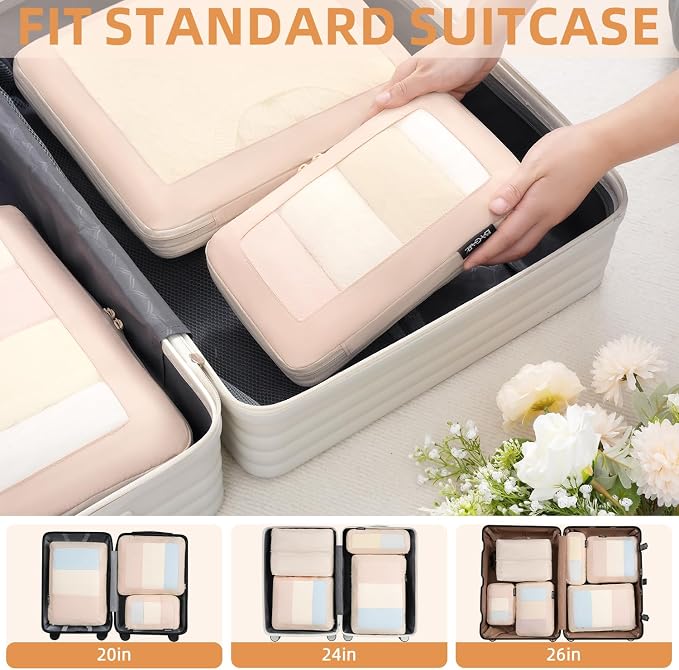 BAGAIL 4 Set/6 Set/8 Set Compression Packing Cubes Travel Accessories Expandable Packing Organizers (Square Mesh, 05-Cream)