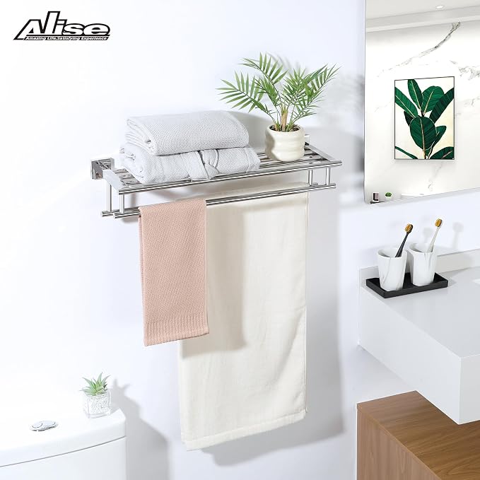 Alise Double Towel Rack for Bathroom Wall Mounted 20 Inch,Polished Chrome | SUS304 Stainless Steel Towel Rack with Shelf,Bathroom Tower Holder Towel Shelf with Double Towel Bars for Lavatory Kitchen