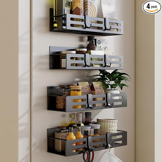 SETBAOO 4 Pack Magnetic Spice Rack for Refrigerator, Black Magnetic Shelf and Fridge Kitchen Storage Cabinet Organizers Seasoning Organization Mini Shelves, Organizadores de Cocina