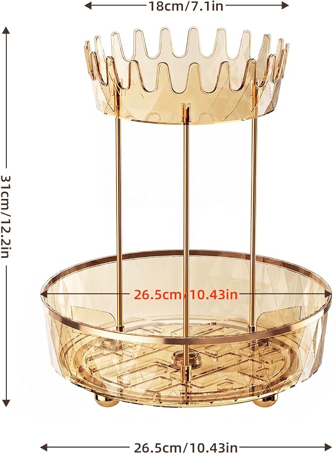 2 Tier Rotating Makeup Organizer for Vanity, Clear Bathroom Counter Organizer, Skincare Organizer and Perfume Organizer, Countertop Cosmetic Storage for Cabinet, Pantry and Kitchen (Gold)