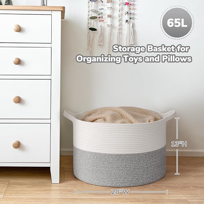 Goodpick Woven Blanket Basket Living Room, Toy Bin for Playroom, 65L | 19.7 x 19.7 x 12.6 In Toy Storage Basket for Nursery, Blanket Basket for Living room, Laundry Basket, Light & Grey