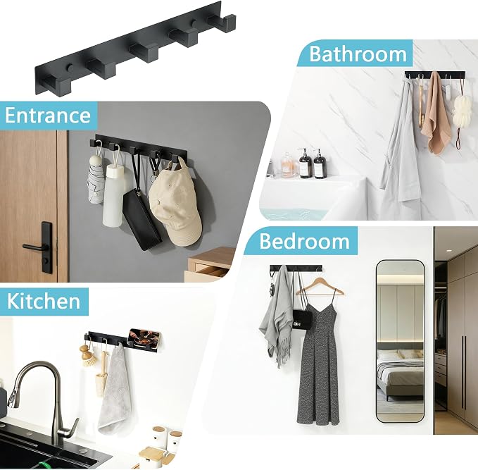 Alise Coat Hook Wall Mount Hat and Coat Rack with 5 Hooks Wall Mount,Black | Key Hooks for Robes,Bags,Keys,and Towels,SUS304 Stainless Steel Wall Hooks for Hanging,Self Adhesive or Drilling