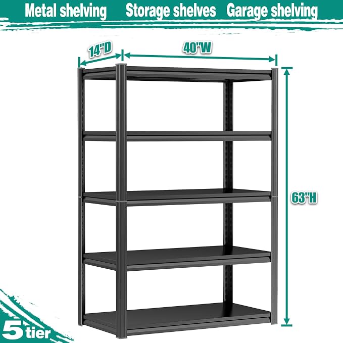 PRESTELION 63" H Metal Shelving 5 Tier Garage Shelving Unit 3500LBS Adjustable Heavy Duty Storage Shelves for Kitchen Warehouse Pantry Basement, 63" H x 40" W x 14" D, Black