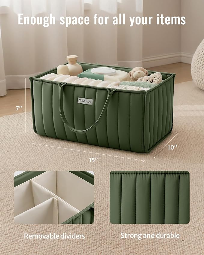 Blissful Diary Baby Diaper Caddy Organizer, Stylish Storage Basket for Newborn Essentials and Diaper Station, Gift for Baby Shower and Registry Must-Have, Deep Green