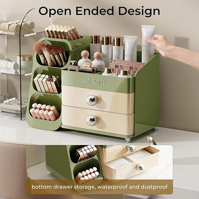 UFORU Makeup Organizer Countertop with Brush Holder for Vanity Bathroom | Large Capacity, Thickened Plastic, Compact Size, 2 Big Drawers, Detachable Brush Holder, Divided Compartments, Easy Access