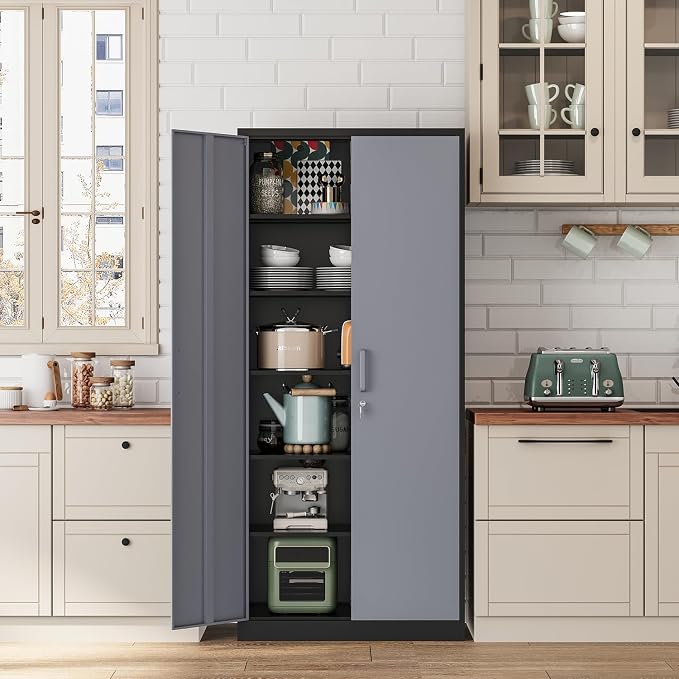 Fesbos Metal Storage Cabinet-72” Tall Steel File Cabinets with Lockable Doors and 5 Adjustable Shelves-Black&Gray Steel Storage Cabinet for Home, School, Office, Garage