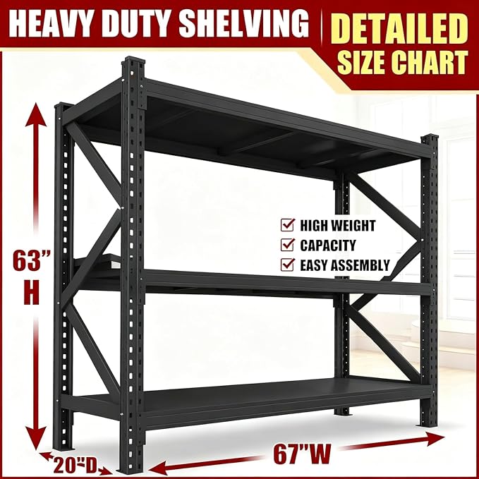 67” W Storage Shelves Heavy Duty 5000Lbs Adjustable Metal Garage Shelving Unit Rack Metal Storage Shelf for Heavy Tools and Equipment, Ideal for Garage, Basement, Black, 67" W X 20" D X 63" H