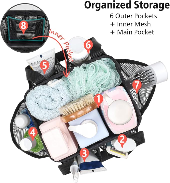 F-color Mesh Shower Caddy Portable - Stand Up 8 Pockets for Dorm, Black | Stand Up Frame, S Hook, Collapsible Organizer, Mesh Shower Bag Bathroom Tote for College Dorm, Camping, Gym, Travel