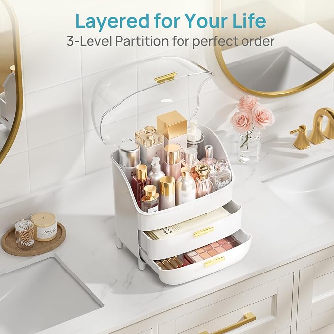 Vtopmart 3-Tier Skincare Makeup Organizer with Drawer and LId, White | With Drawers and Lid, For Vanity, Dresser and Bathroom Countertop, Large Cosmetic Storage Box Case, Non-Slip Base