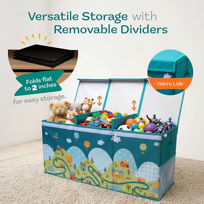 SoftOwl Extra Large Toy Storage Organizer with Lid - Sturdy, Collapsible Toy Chest Storage Box with Cute Design - Toys Bin with Dividers for Kids, Boys, Girls, Nursery, Bedroom, Play room 37"x16"x14"