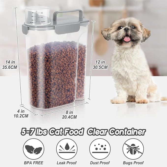 5-7LBS Airtight Dog Cat Food Storage Container with Upgraded Large Nozzle BPA-free, 4 Snap Seals Plastic Pet Food Storage Container with Handles are Easy to Clean and Carry- Light Gray
