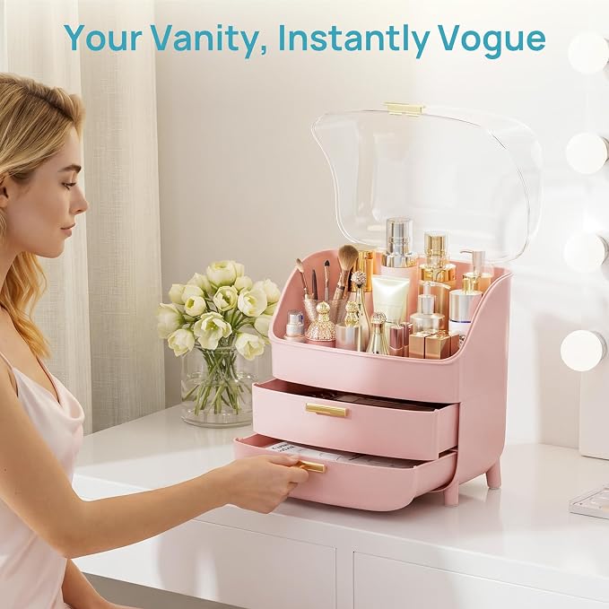 Vtopmart 3-Tier Skincare Makeup Organizer with Lids, Pink | With Drawers and Lid, For Vanity and Bathroom Countertop, Large Cosmetic Storage Box Case for Dresser, With Non-Slip Base