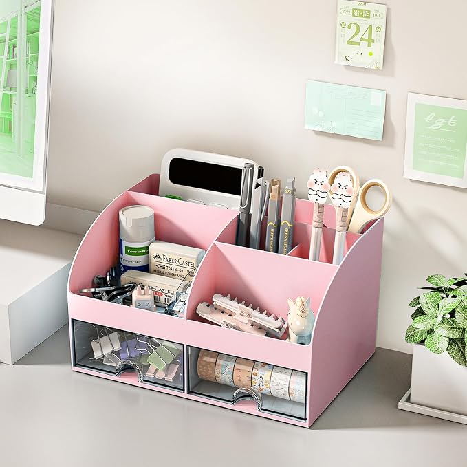 COMFYROOM Desk Organizer with 6 Compartments and 2 Drawers, Plastic Makeup Organizer, Pen Holder for Desktop Storage, Desk Organization for School, Home, Office Supplies (Pink)
