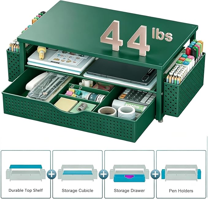 Spacrea Desk Organizer and Accessories, Computer Monitor Stand Riser with Drawer and 2 Pen Holders, Office Desk Accessories & Workspace Organizers for Office Supplies (Dark Green)