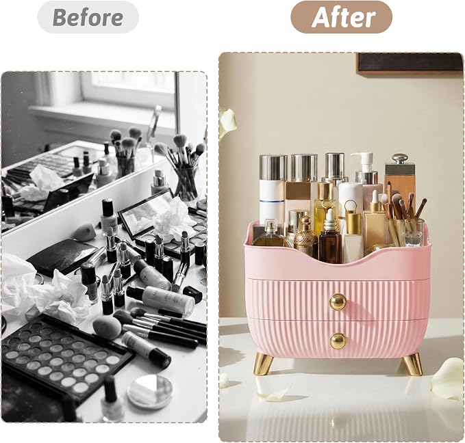 Makeup Organizer Countertop, Large Capacity Skincare Organizer for Vanity | Cosmetics Organizer with Drawes & Handle, Cosmetic Display Cases Storage Box for Dresser, Bathroom, Gifts for Women(Pink)