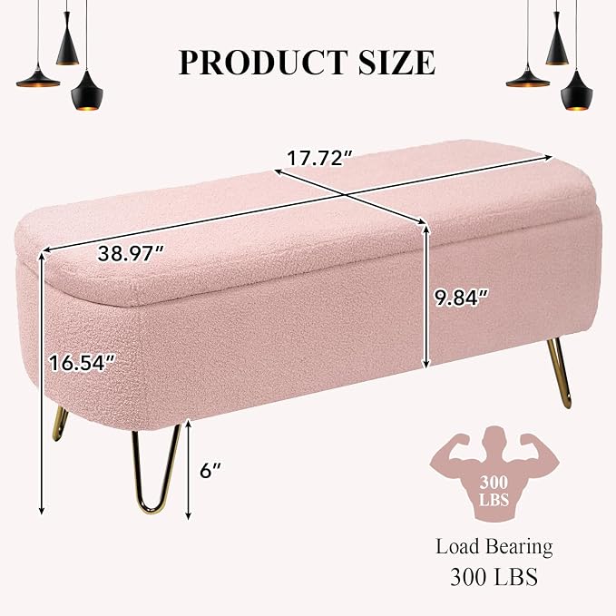 Modern Storage Ottoman Bench, Teddy Upholstered Entryway Bench with Gold Legs, Vintage End of Bed Bench with Safety Hinge, Padded Bench with Storage for Living Room, Bedroom, Entryway (Pink)