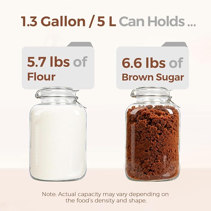 ComSaf Square Glass Jars with Airtight Lid 1.3 Gallon 2 Pack Large Canister | Flour sugar rice, Kombucha pickling, Pantry organization, Bulk storage, Pickling fermenting, Cabinet organization, Snacks