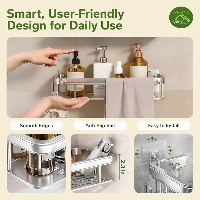 EVALAND Self Adhesive Shower Caddy Organizer 2-Pack No-Drill Storage | Hooks and Rod for Towels, Shower Shelves for Inside Shower, Bathtub Shelf, Rustproof, Rack, Easy Installation, Sturdy