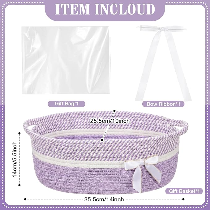Colingmill 1 Set Woven Empty Basket for Gift,Light Purple White | with Cellophane Wrap Set, 14 x 10 x 5.5 Inch, Medium Decorative Gift Basket, Cotton Rope Storage Box, Home Decor