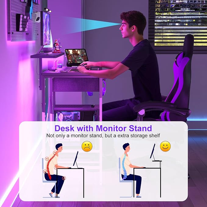 X-cosrack 33.5" Small Gaming Desk with LED Lights & Long Monitor Stand, Compact Computer Desk with Power Outlets & CPU Stand, Gamer Table with Storage Drawer for Home Office, Bedroom Corner, Black