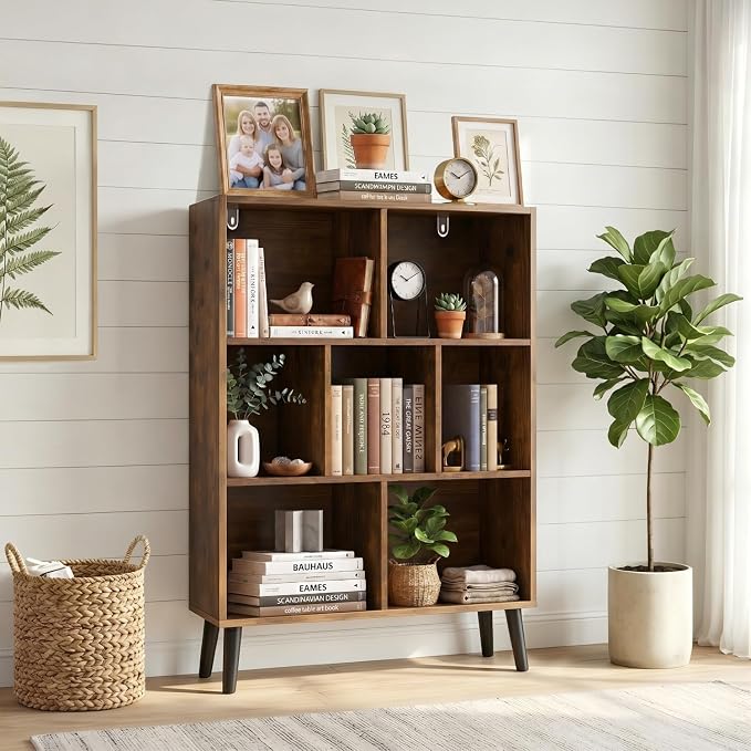7 Cube Storage Organizer Shelf，Open Cube Bookshelf with Legs | 3 Tier, Mid-Century, Heavy Duty, Modern Bookcase, Display Shelf, Living Room, Bedroom, Office, Deep Brown
