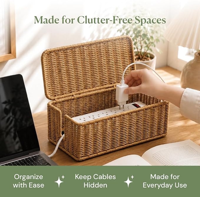 Cable Management Box, Handmade Rattan Cable Organizer with 2 Open Slots, Cord Hider for Power Strip, Router & USB Hub, Registered U.S. Design Patent (D1,112,102), 13" x 5.1" x 5.1", Natural