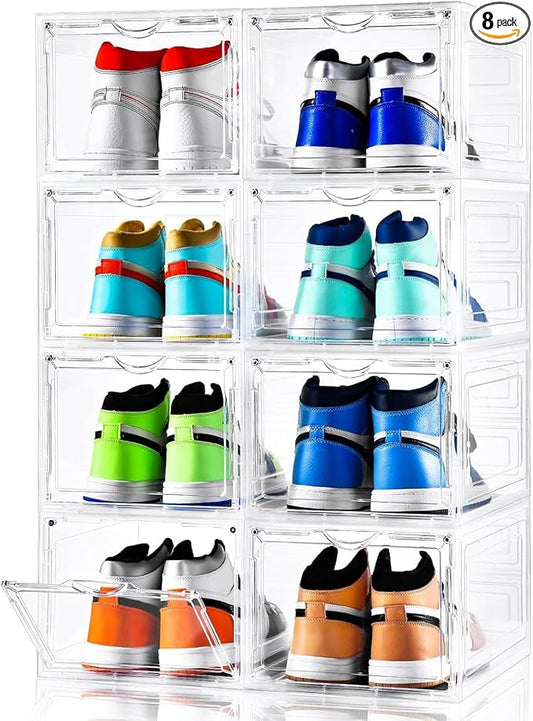 Clemate Upgraded X-Large Shoe Storage Box,8 Pack,Shoe Box Clear Plastic Stackable,Drop Front Shoe Box with Clear Door,Shoe Organizer and Shoe Containers For Sneaker Display,Fit up to US Size12