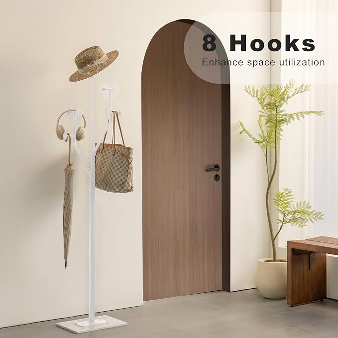 JIAYUEJU Freestanding Coat Rack Coat tree for Entryway Bedroom (White) | Tree-shaped, Easy Assembly, Space Saver, Heavy Duty, Metal Frame, Marble Base, 8 Hooks, Living Room, Office, Corner