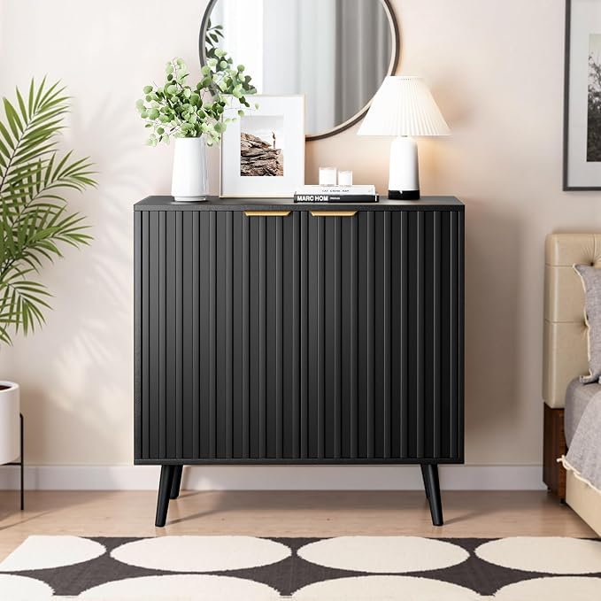 Set of 3 Fluted Storage Cabinet, Buffet Cabinet with Storage, Wood Sideboard with Adjustable Shelf, Modern Accent Cabinet & Console Table for Entryway, Living Room, Dining Room, Black