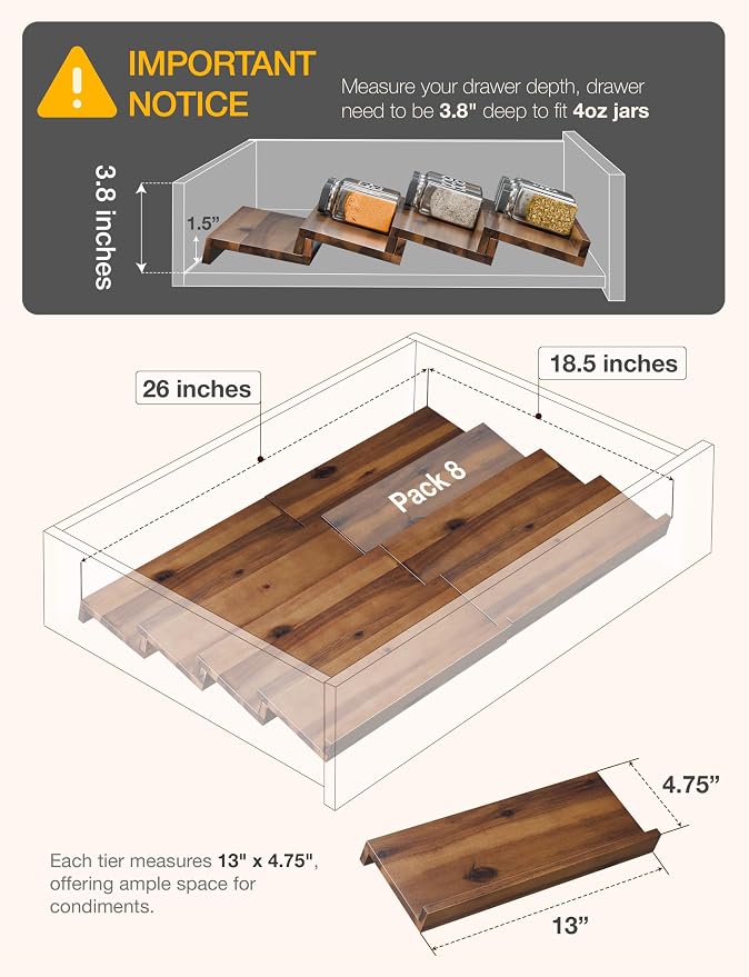 Tinamo Acacia Wooden Spice Rack Organizer for Cabinet - Spice Drawer Insert, Spice Organization for Cabinet, Seasoning Organizer, Spice Holder Pack of 8 (Walnut, Pack 8) | Acacia Wood Construction, No assembly, Stackable 4-tray design, Spacious for up ...