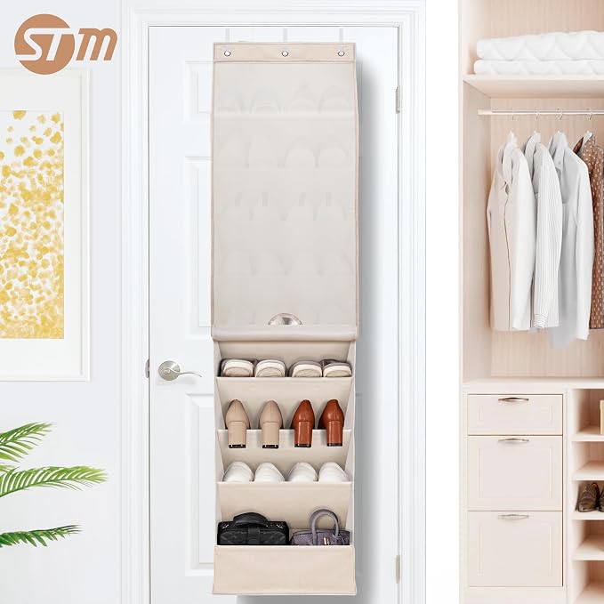 STORAGE MANIAC Over the Door Shoe Organizer with Curtain Dustproof Heavy-Duty Large Deep Pocket Hanging Shoe Organizer for Closet Dorm & Narrow Door Storage Shoe Holder Shoe Rack, 9-Shelf Beige 1 Pack