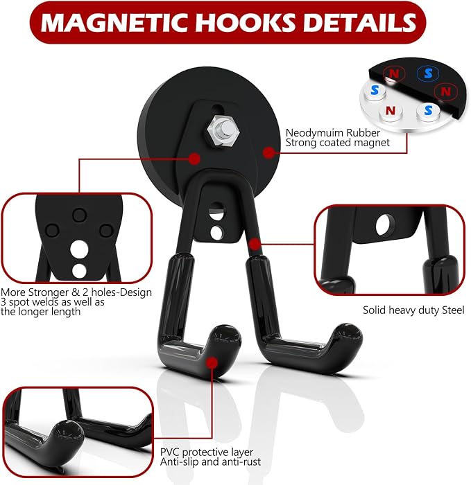 3-H Heavy Duty Magnetic Hooks, Large Magnet Hooks,4 Pack Black | No-Drill Tool Holder for Garage,Power Drill,Garden Tools,Hose Storage
