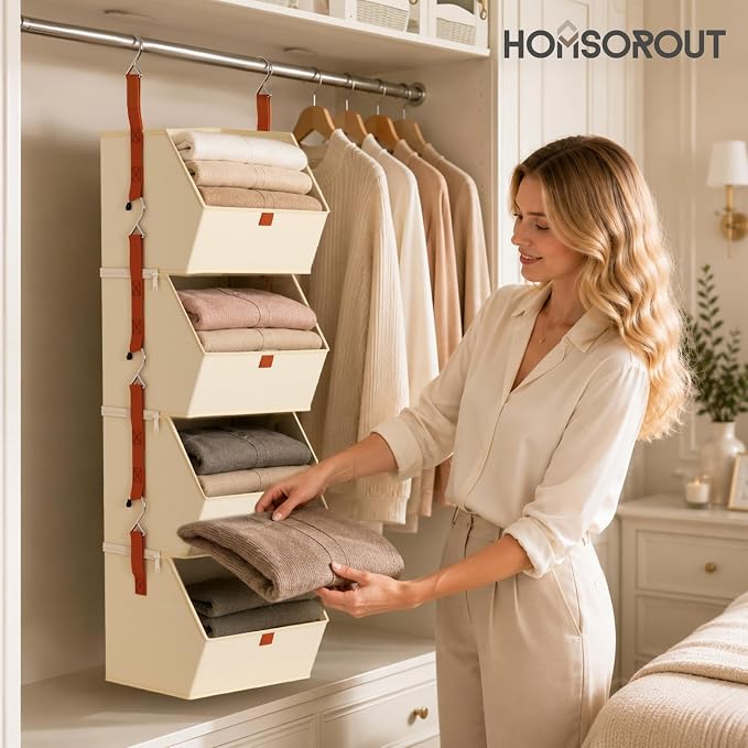Homsorout Hanging Closet Organizer 4 Tier - Clothes Hanging Shelves, Space-Saving Closet System, Fabric Storage Bins Bedroom Organization, Collapsible Baskets for Home, Dorm, Rv, Beige
