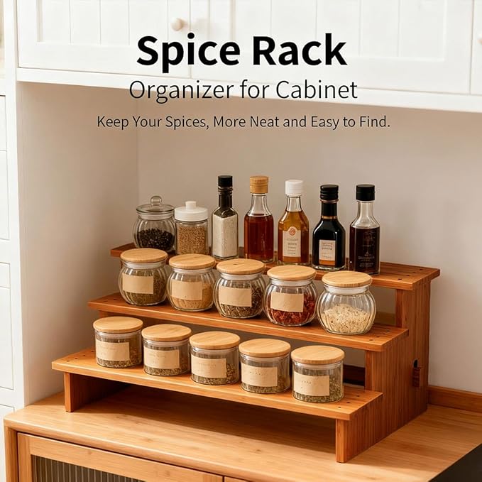 JinDoWin Spice Rack Organizer for Cabinets,Countertop & Pantries | 3-Tier stepped design for clear visibility & easy access,Kitchen Cabinet Organizer,Dark Bamboo Seasoning Organizer