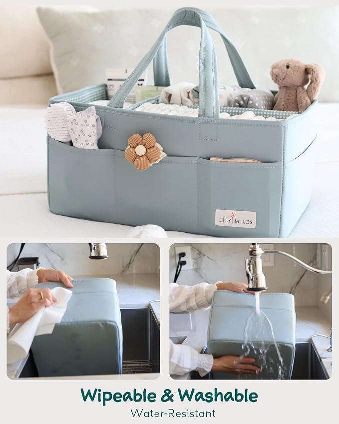 Baby Diaper Caddy Organizer, Wipeable Diaper Organizer Basket with 8 Pockets for Newborn Essentials, Nursery Tote Bag for Changing Table & Car Organization (Willow Green, Large)