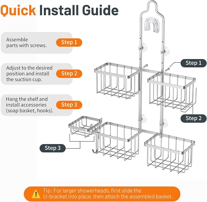 Luxspire Shower Hanging Caddy Overhead, Hanging Shower Organizer, Silver | No Drilling Required, Height-Adjustable, Thickened Rustproof Stainless Steel, Heavy-Duty, Include 8 Hooks And Soap Holder