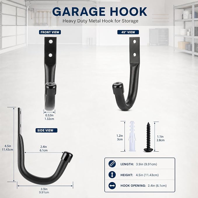 Heavy Duty Metal Wall Hooks Garage Organization Storage Hooks | Utility J Hooks, for Hanging Tool Coat, Ladders, Backpack Bag, Extension Cords, and Bags(8 Pcs - Black)