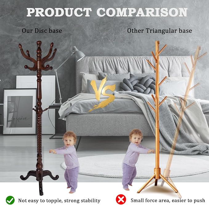 Coat Racks FreeStanding with 11 Hooks, Natural Wood Coat Rack with Tri-Legged Base, Adjustable Height Coat Racks, Easy Assembly for Hallway, Bedroom and Office (Walnut-Tri-Legged Base)