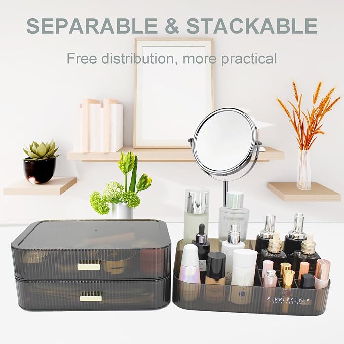 Makeup Organizer with 2 Drawers, Cosmetics Organizer for Bedroom and Bathroom Vanity Countertops, Large Capacity Cosmetic Storage Box for Skincare Cream Perfume Lipstick Dresser Counter-Black