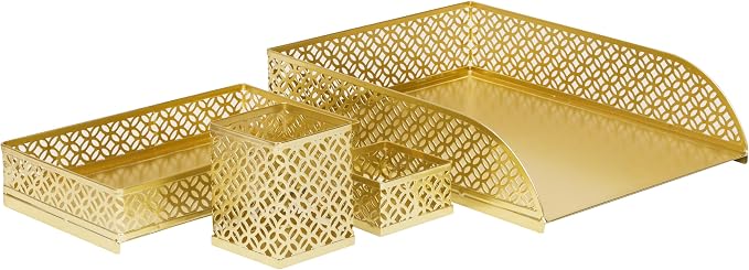 Mind Reader Gold Desk Organizer Set, Includes Pen Cup, Catchall Tray, File Box & Paper Tray, 4-Piece Metal Desktop Accessory Kit