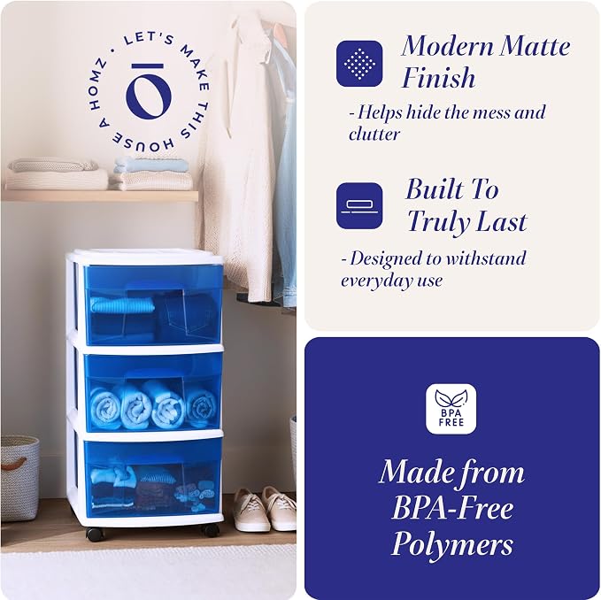 HOMZ 3-Drawer Storage Cart, Plastic Home & Office Organizer, Blue w/ White Frame