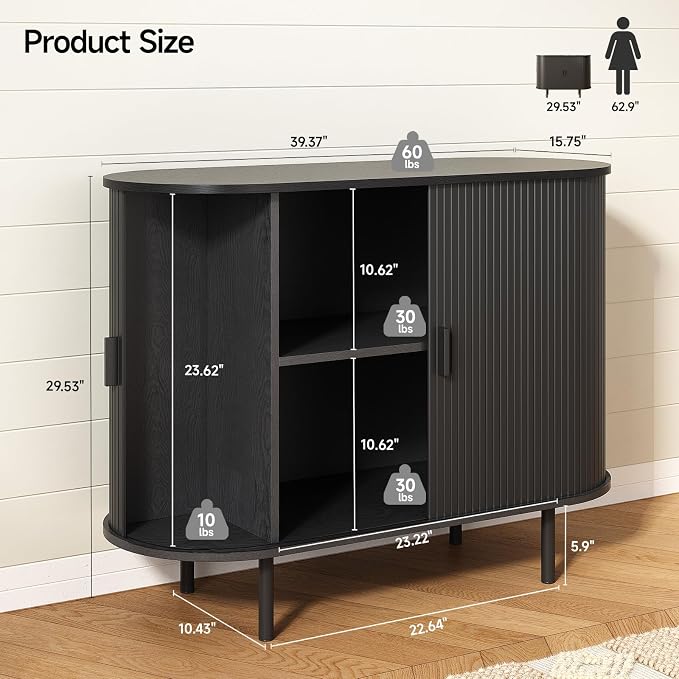 40" Sideboard Buffet Cabinet with Storage, Storage Cabinet with Sliding Door & Adjustable Shelf, Modern Accent Coffee Bar Console Table for Kitchen, Entryway, Black